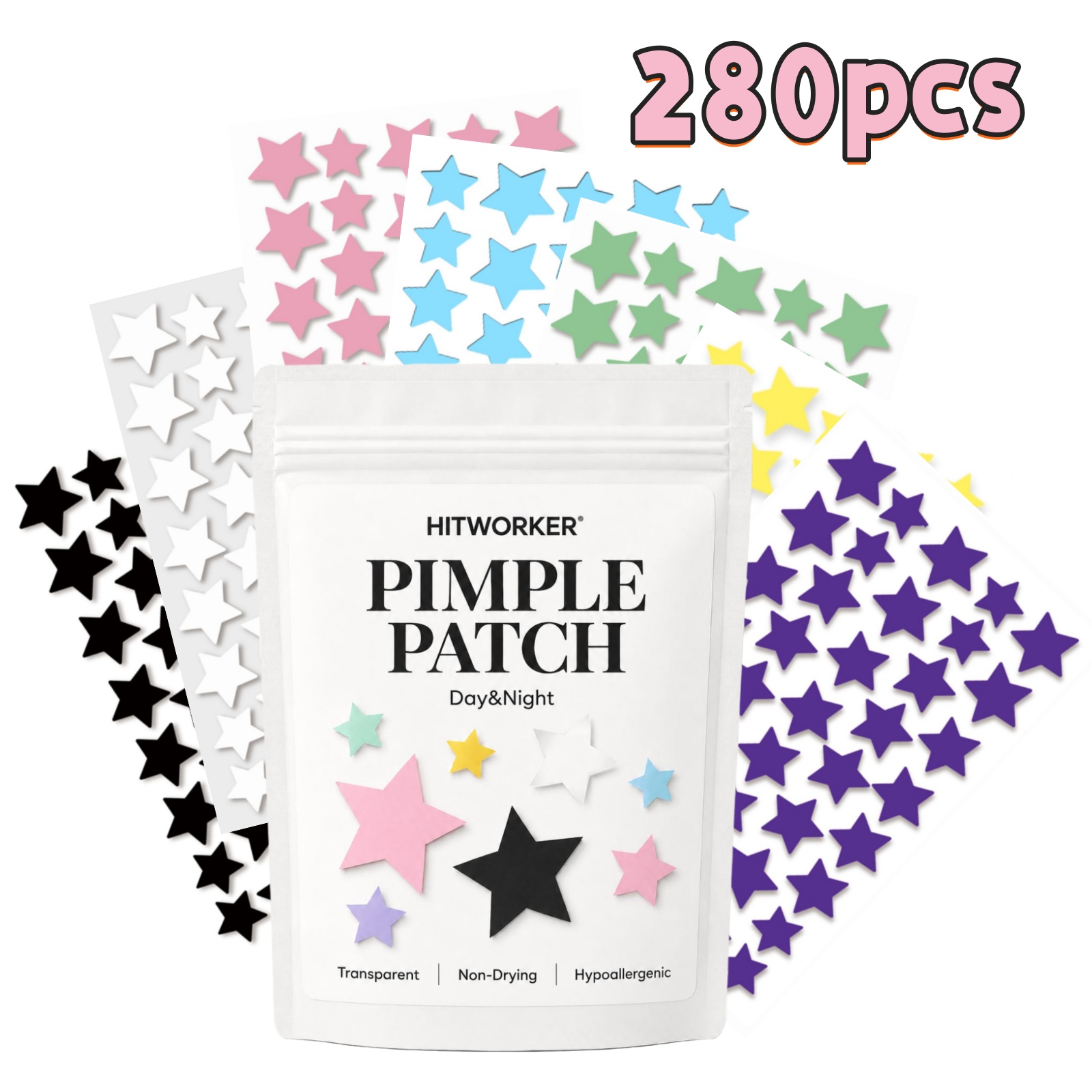 Hydrocolloid Pimple Patch - แผ่นแปะสิวรูปดาวสีรุ้ง 280 ชิ้น, สติ๊กเกอร์ปิดสิวไฮโดรคอลลอยด์หลากสีน่ารัก, แผ่นดูดซับน้ำมันแบบใส
