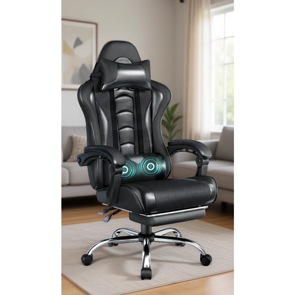Massage - เก้าอี้เกมมิ่งหนัง PU ที่นั่งสบายพร้อมที่วางเท้า หมอนรองหลังนวด และปรับเอนได้; โครงโลหะแข็งแรงรองรับน้ำหนักได้ถึง
