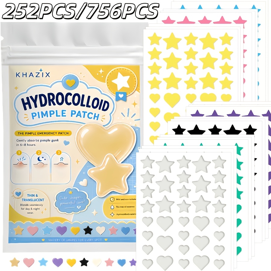 Hydrocolloid Pimple Patch - 7 สี, 252 ชิ้น/756 ชิ้น แผ่นแปะสิวสูตรไฮโดรเจลสำหรับผิวหน้า