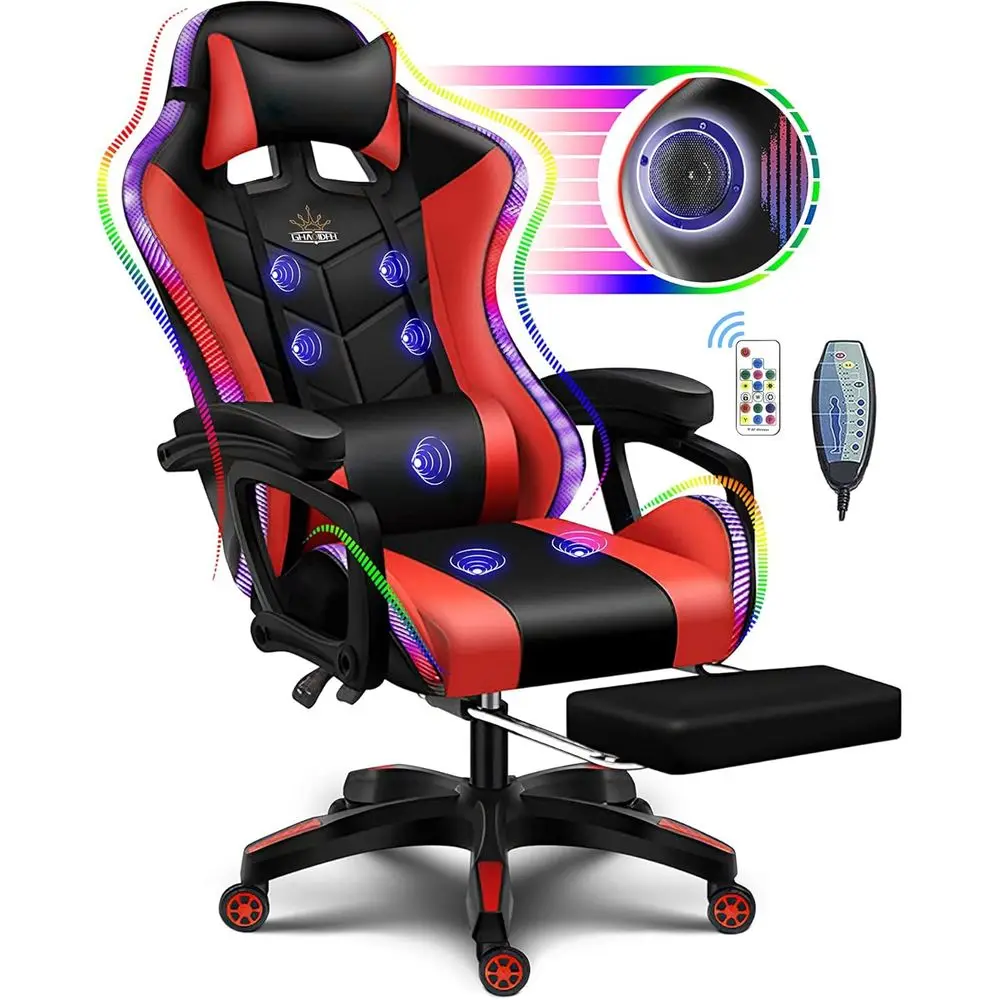 Massage - เก้าอี้เกมมิ่งพนักพิงสูงตามหลักสรีรศาสตร์ พร้อมไฟ LED RGB, ลำโพง และระบบนวด