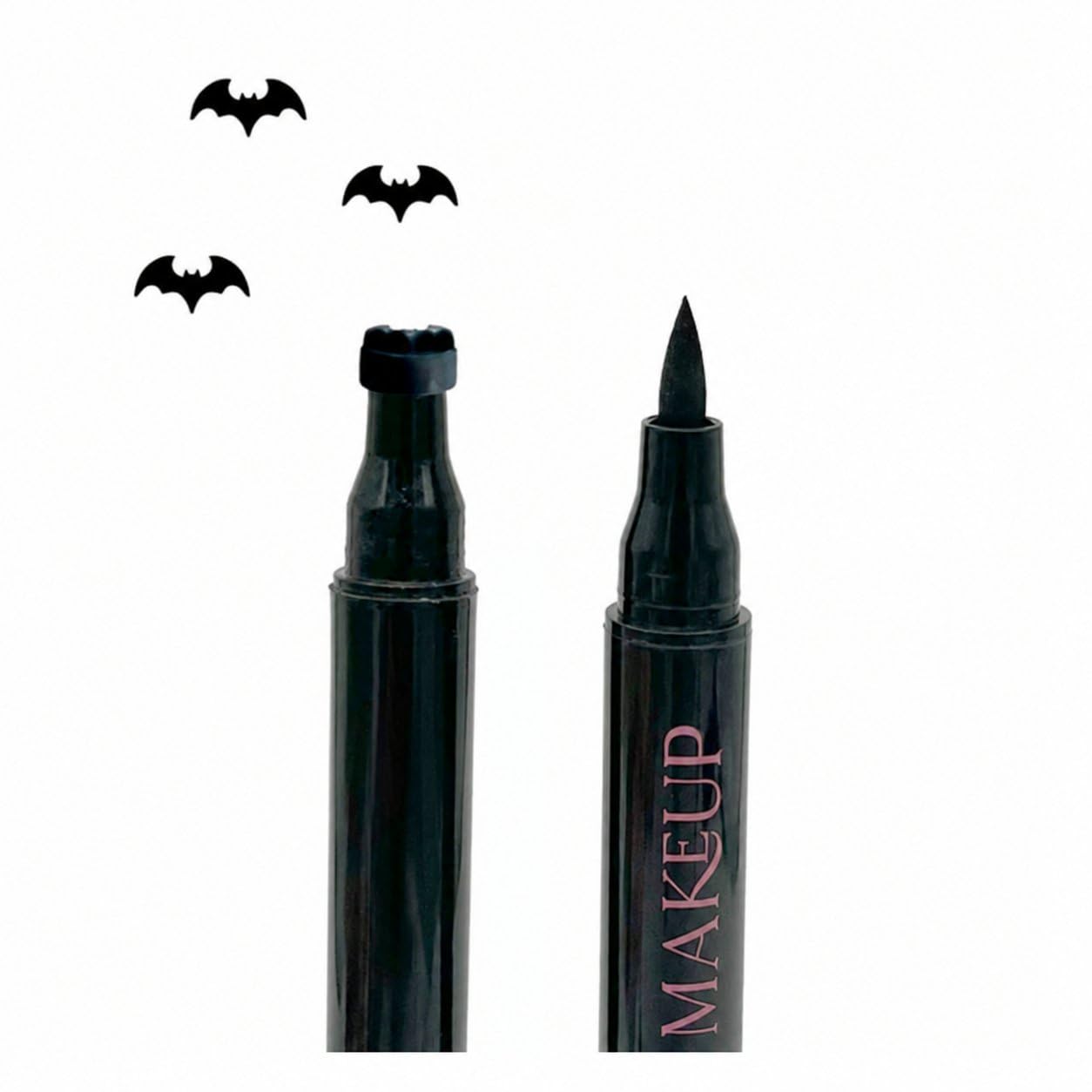 Waterproof Liquid Eyeliner Pen - อายไลเนอร์แบบสองหัวสำหรับฮาโลวีน กันน้ำ สีดำ พร้อมตราประทับลายหน้าค้างคาว ติดทนนาน ไม่เลอะเลือน