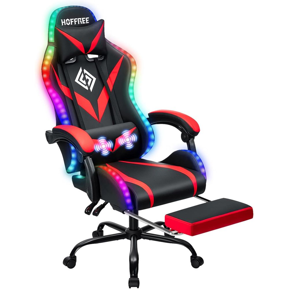 Massage - เก้าอี้เล่นเกมพนักพิงสูงตามหลักสรีรศาสตร์พร้อมระบบนวด ไฟ LED และที่รองรับหลังส่วนล่างแบบปรับได้ - สีแดงและสีดำ